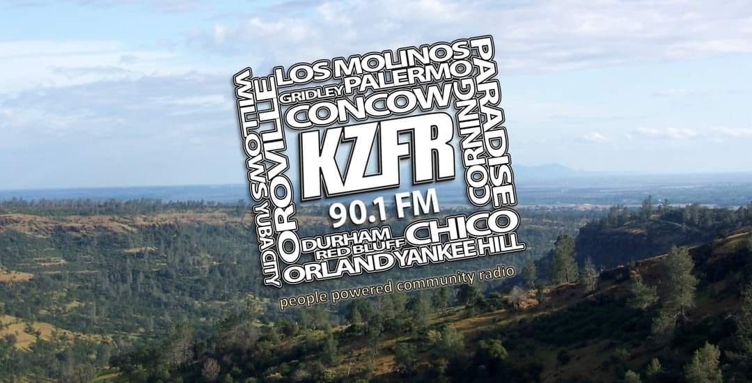 A KZFR graphic over the Big Chico Creek canyon listing the North Valley towns the station serves.